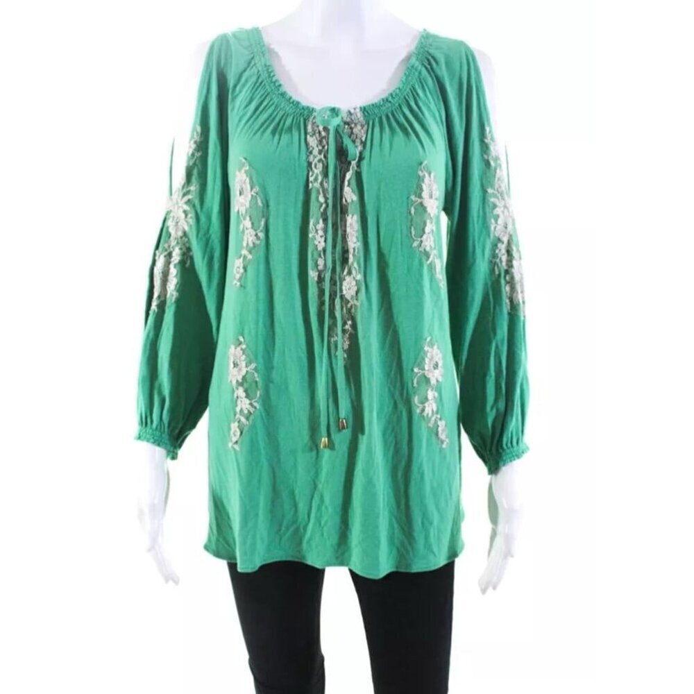 Vanita Rosa Womens Floral Lace Striped Long Sleeve Ruched Blouse Green Size M/L